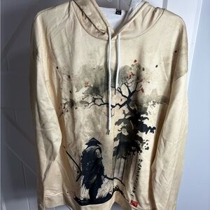 Men’s Japanese Ink Beige Hoodie with Artistic Tree and Samurai Design Size L/XL